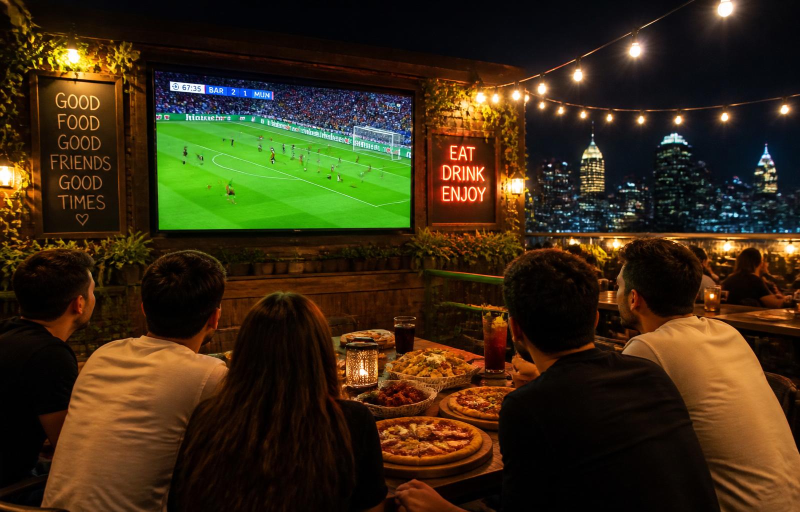 Friends watching a football match on the rooftop at Leaves